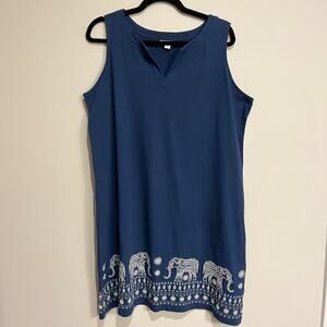 J. Jill Dress Sleeveless Tank Blue White Elephant Embroidered Large Petite‎